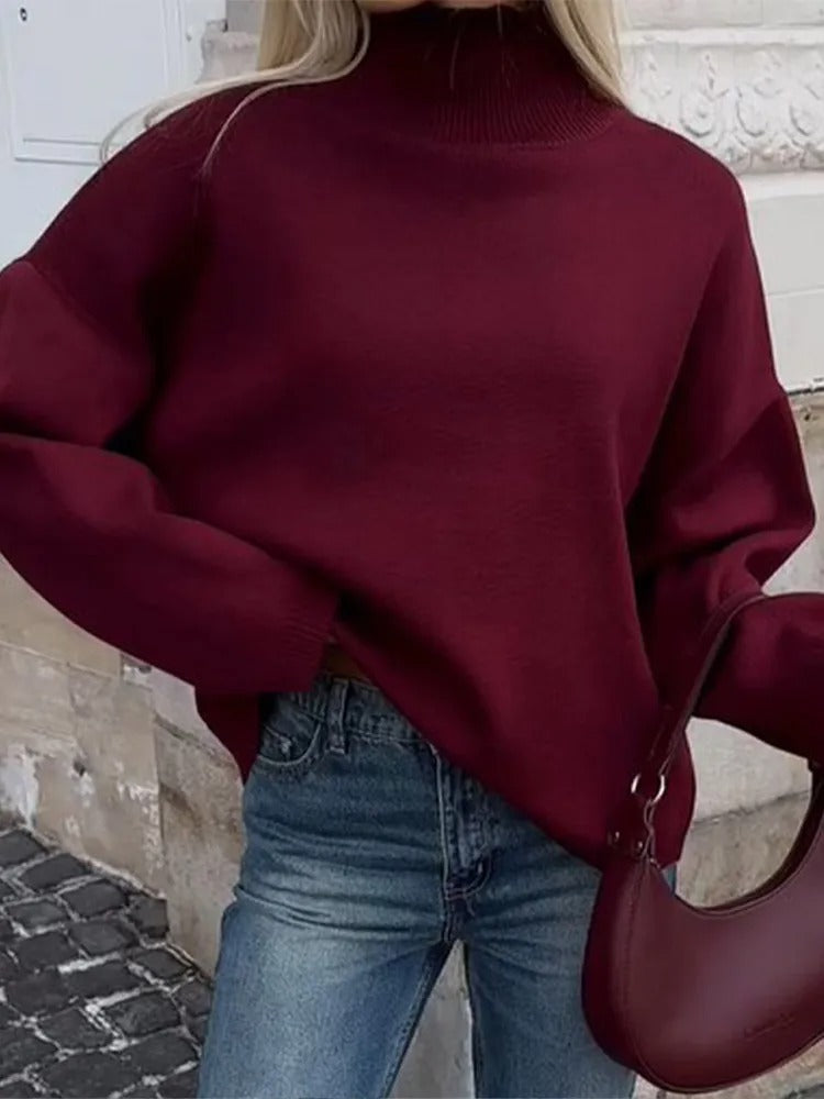 Sweter Oversize Bordowy Z Okrągłym Dekoltem