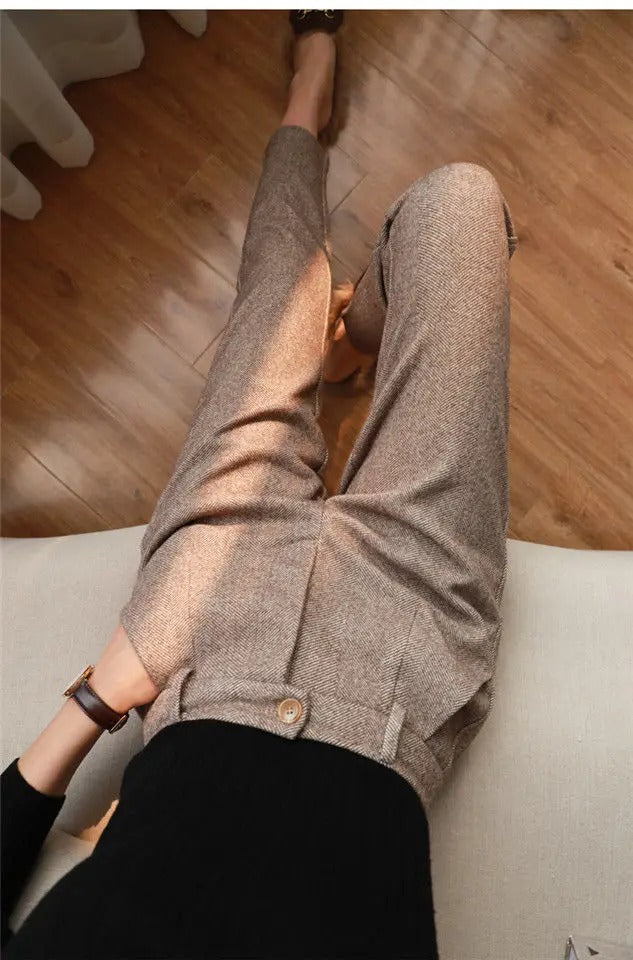 Khaki Wool High Waist Harem Pants