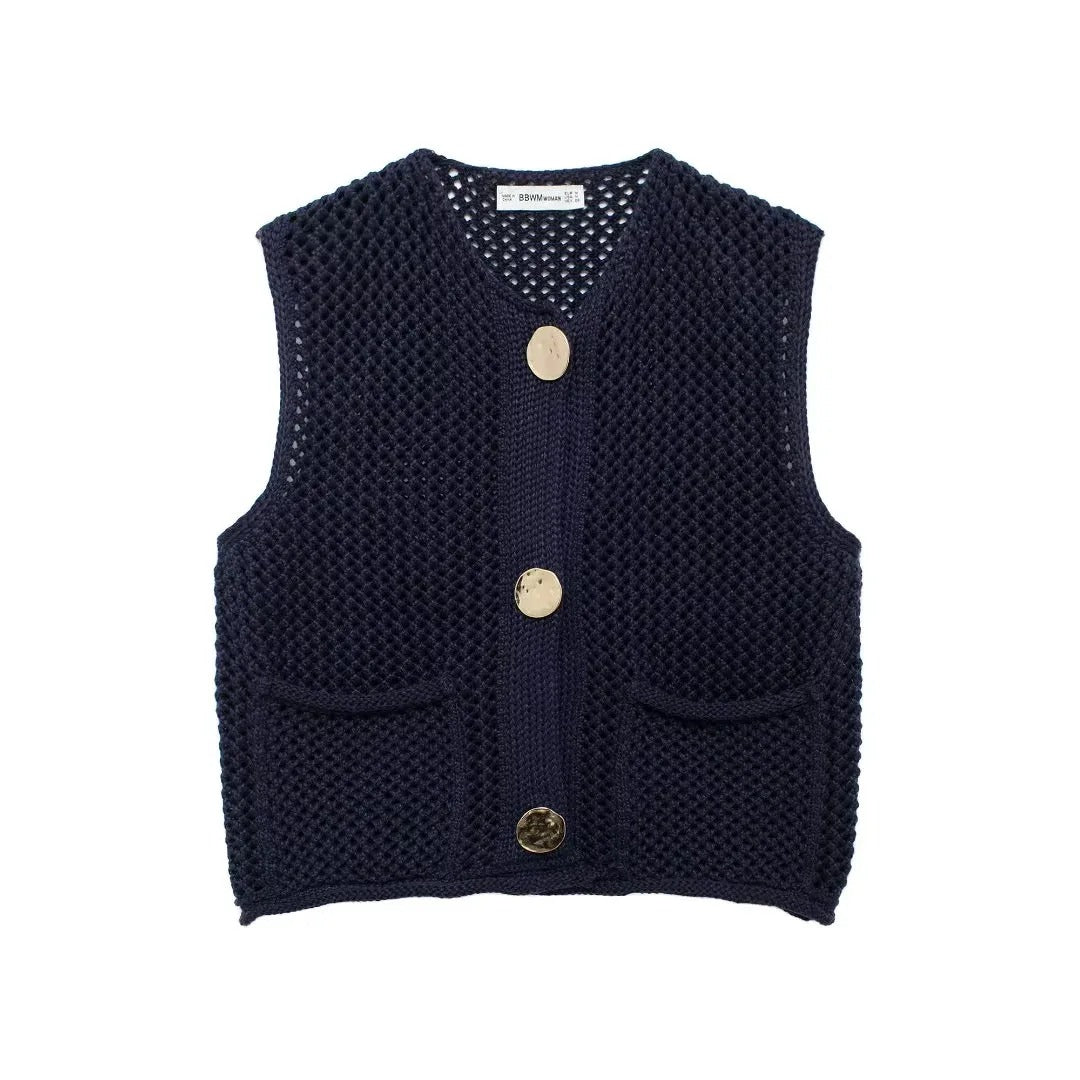 Button-up knitted waistcoat navy blue