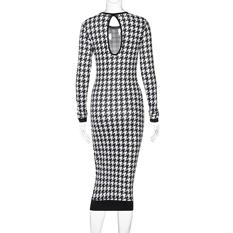 Black houndstooth midi dress