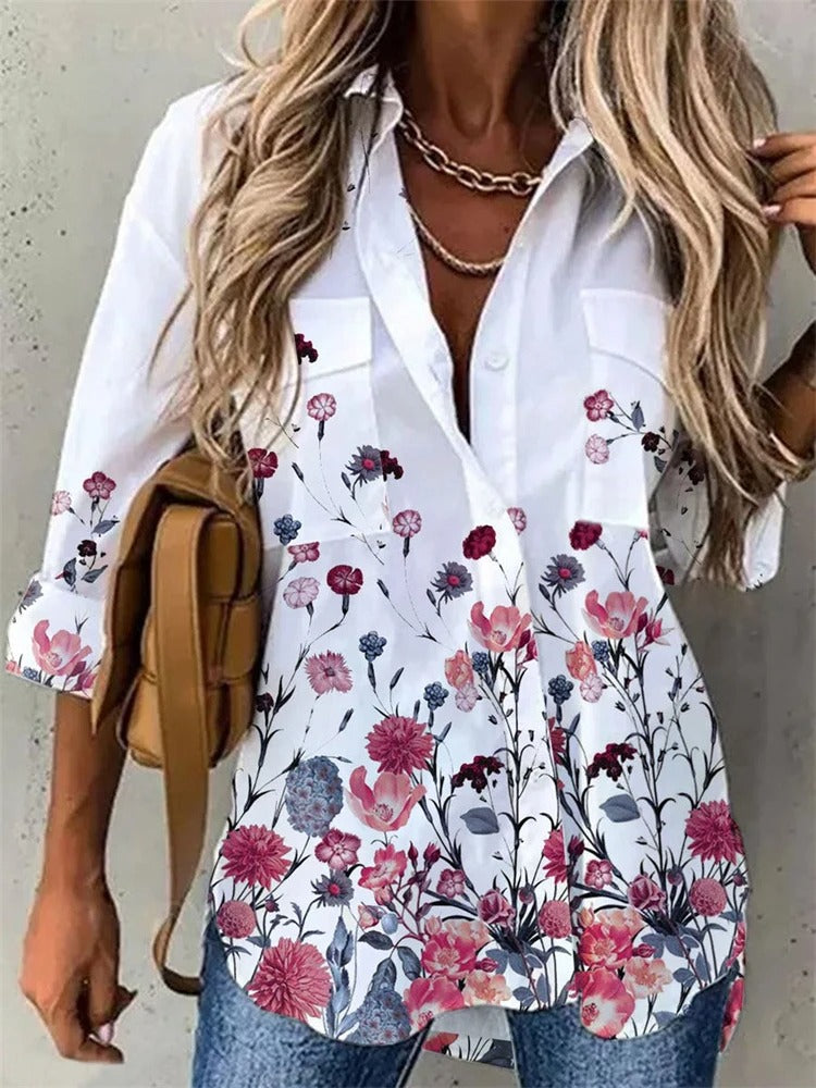 White Shirt with Red Flower Print