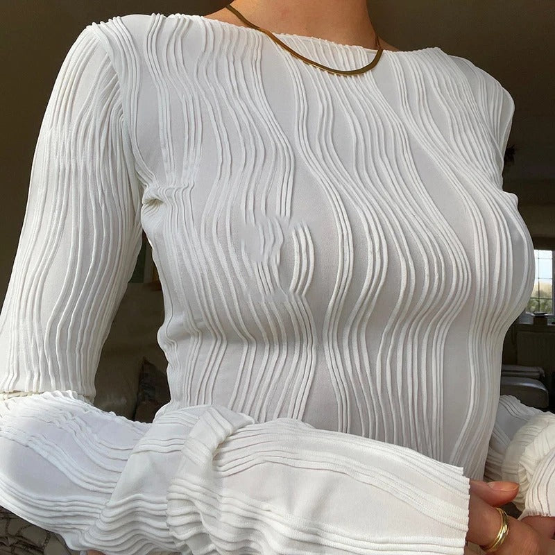 White Long Sleeve Ruffled T-Shirt