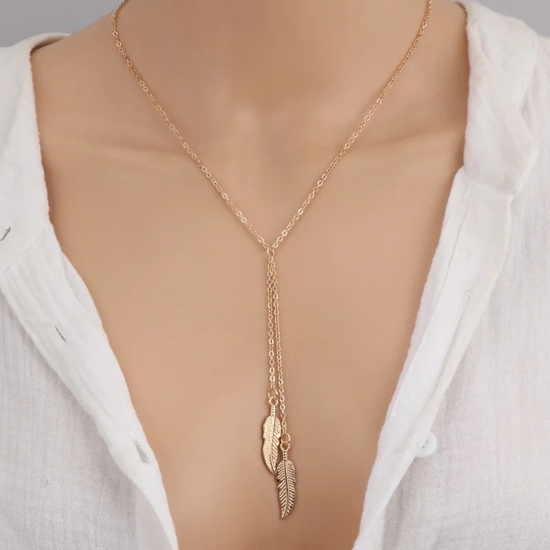 Gold Y Necklace with Feathers – Boho Elegance