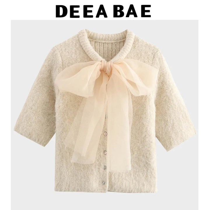 Beige Knitted Cardigan with Bow