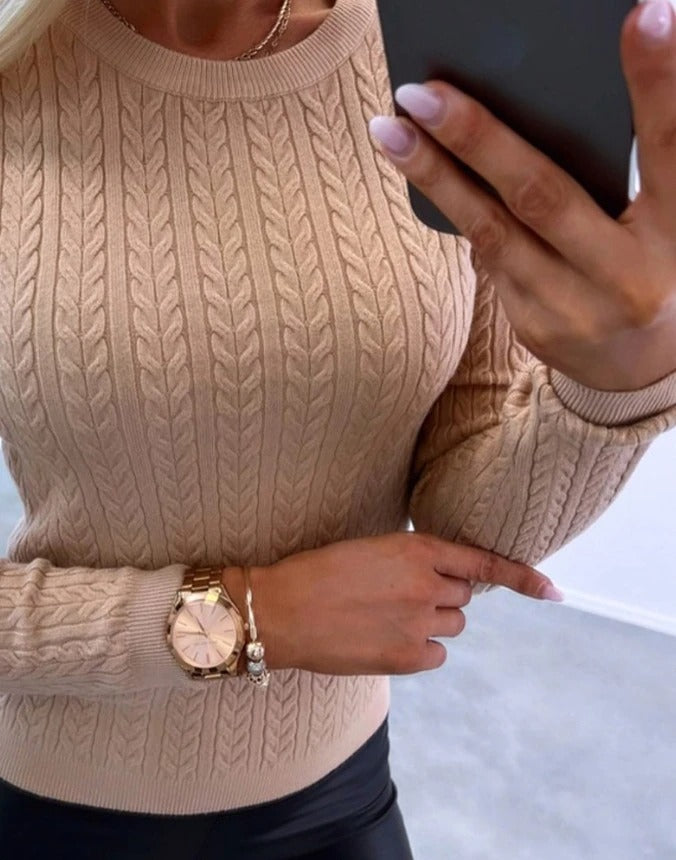 Beige Classic Round Neck Sweater Fall Winter