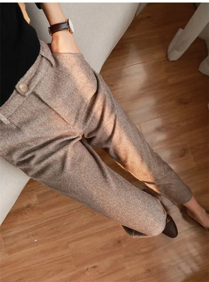 Khaki Wool High Waist Harem Pants