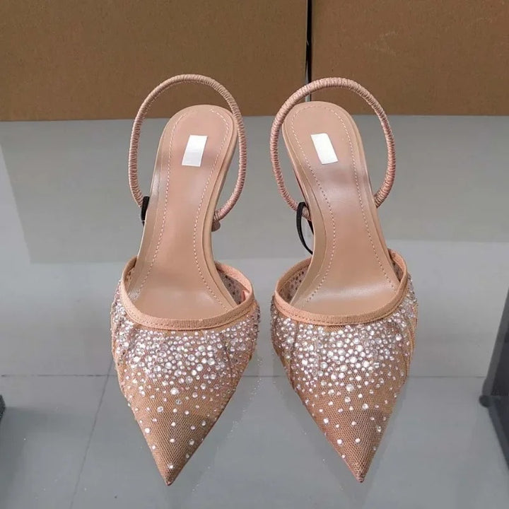 Beige Water Diamond Bright Mesh High Heels Sandals