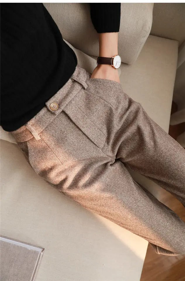 Khaki Wool High Waist Harem Pants