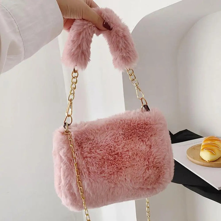 Pink Faux Fur Bag with Gold Chain