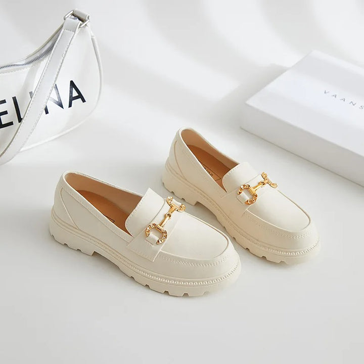 Beige Women's British Style Low Heel Moccasins