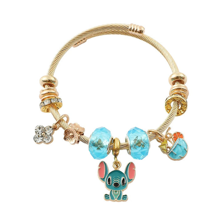 Gold Bracelet with Turquoise Crystals and Stitch Charms