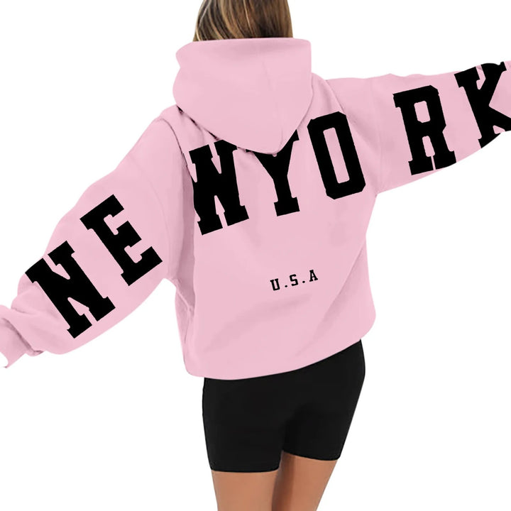 Różowa Bluza z Kapturem New York Oversize