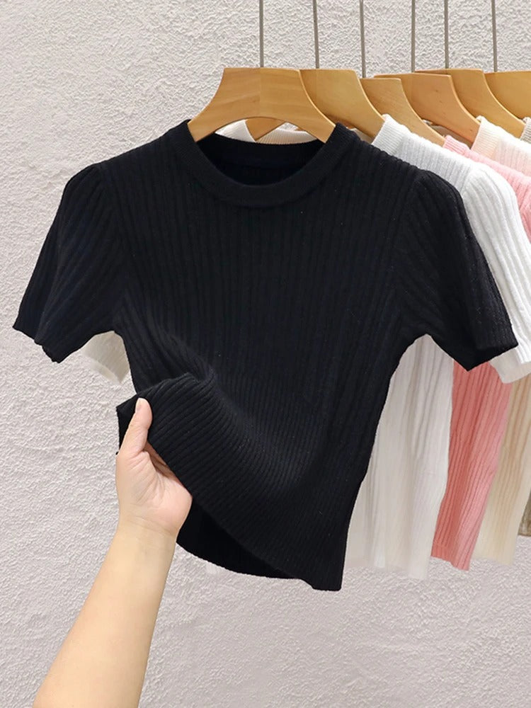 Black Fitted Knit T-Shirt