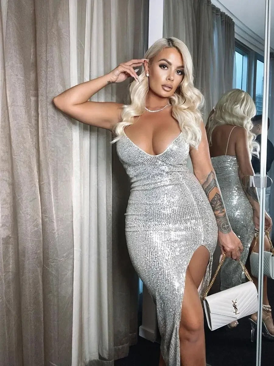 Silver Sequin Slit Dress