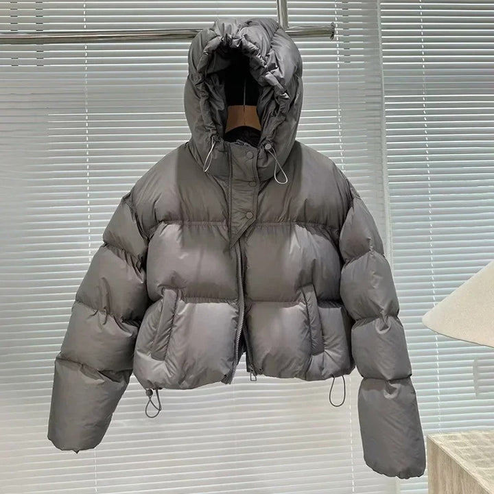 Gray Short Down Jacket with Hood