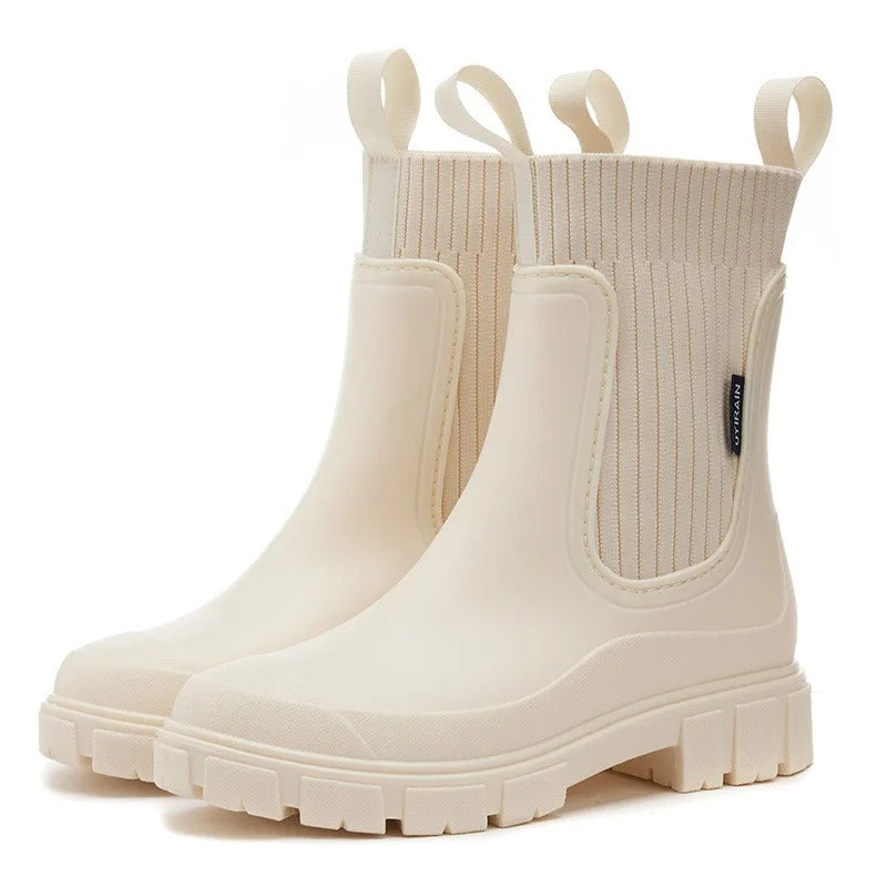 Beige Platform Wellington Boots Waterproof Round Toe