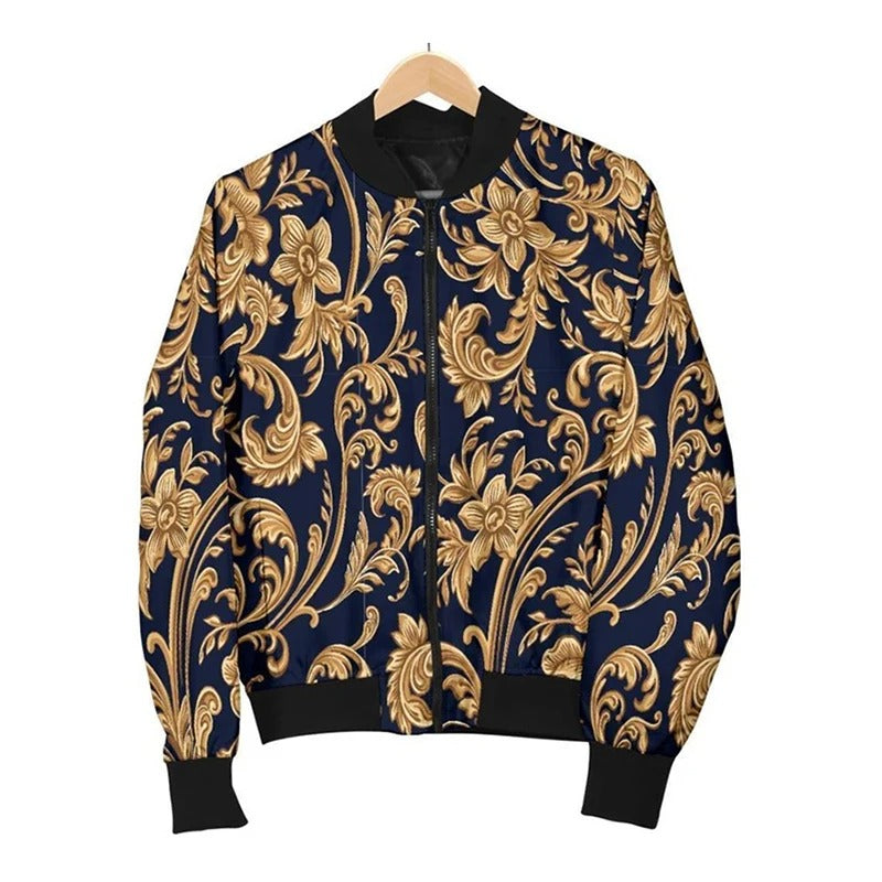 Navy Blue and Gold Baroque Bomber Jacket