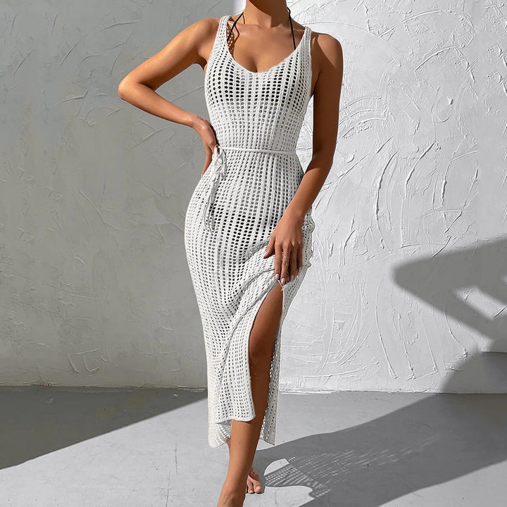 White Sexy Sleeveless Knitted Dress With Slit