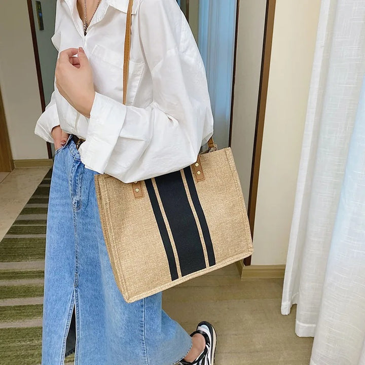 Black Striped Canvas Bucket Bag with Top Handle