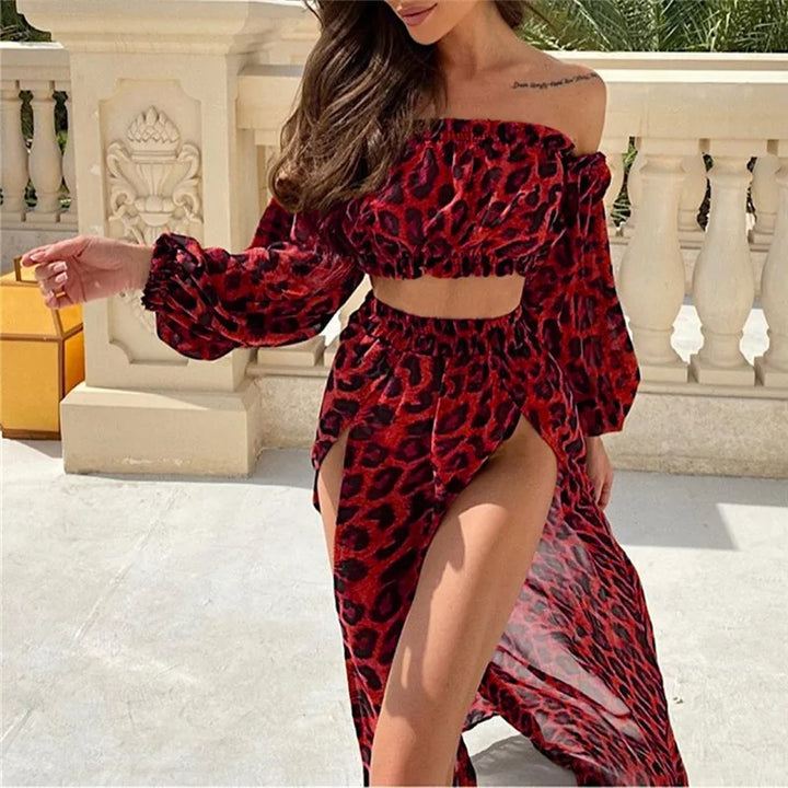 Red Leopard Two Piece Beach Set with Slit