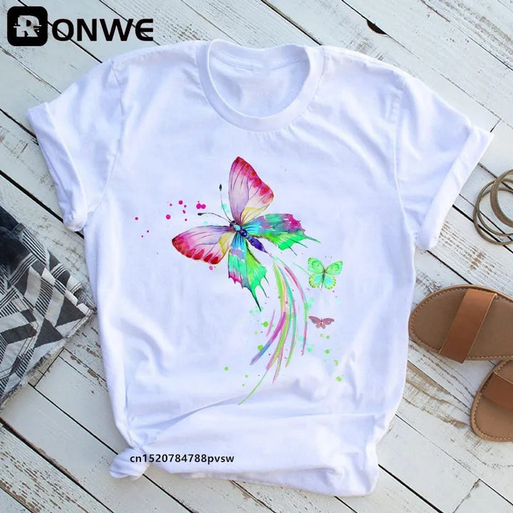 White T-shirt with a colorful butterfly