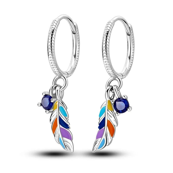 Colorful Feather and Cubic Zirconia Hoop Earrings