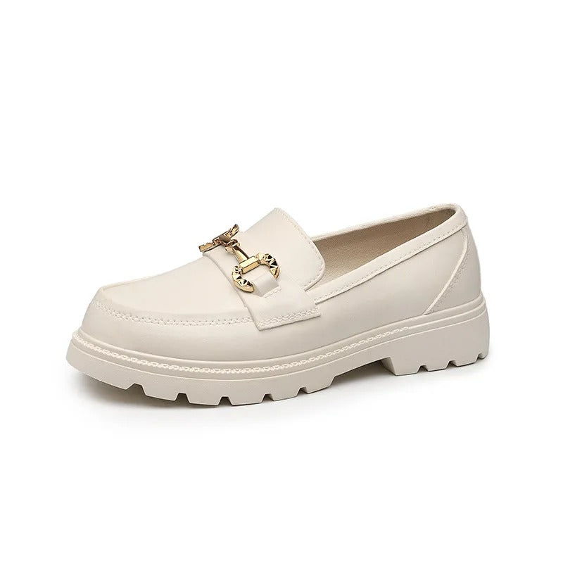 Beige Women's British Style Low Heel Moccasins