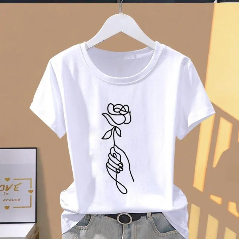 White T-shirt with Rose Print