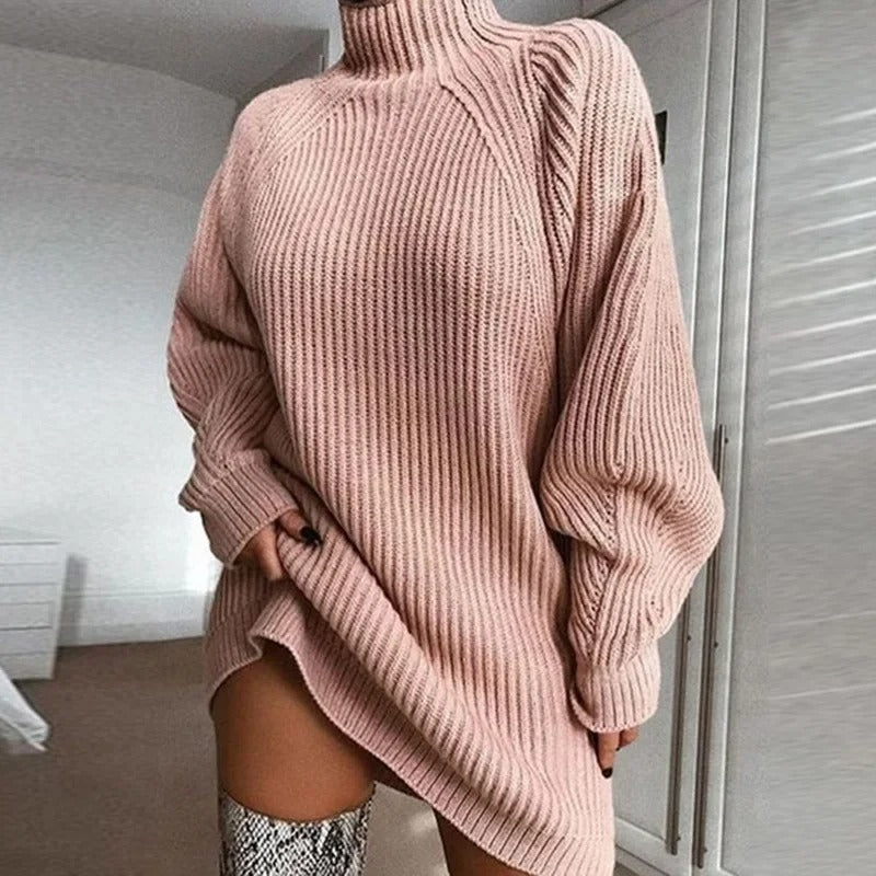 Pink Knitted Turtleneck Sweater Dress