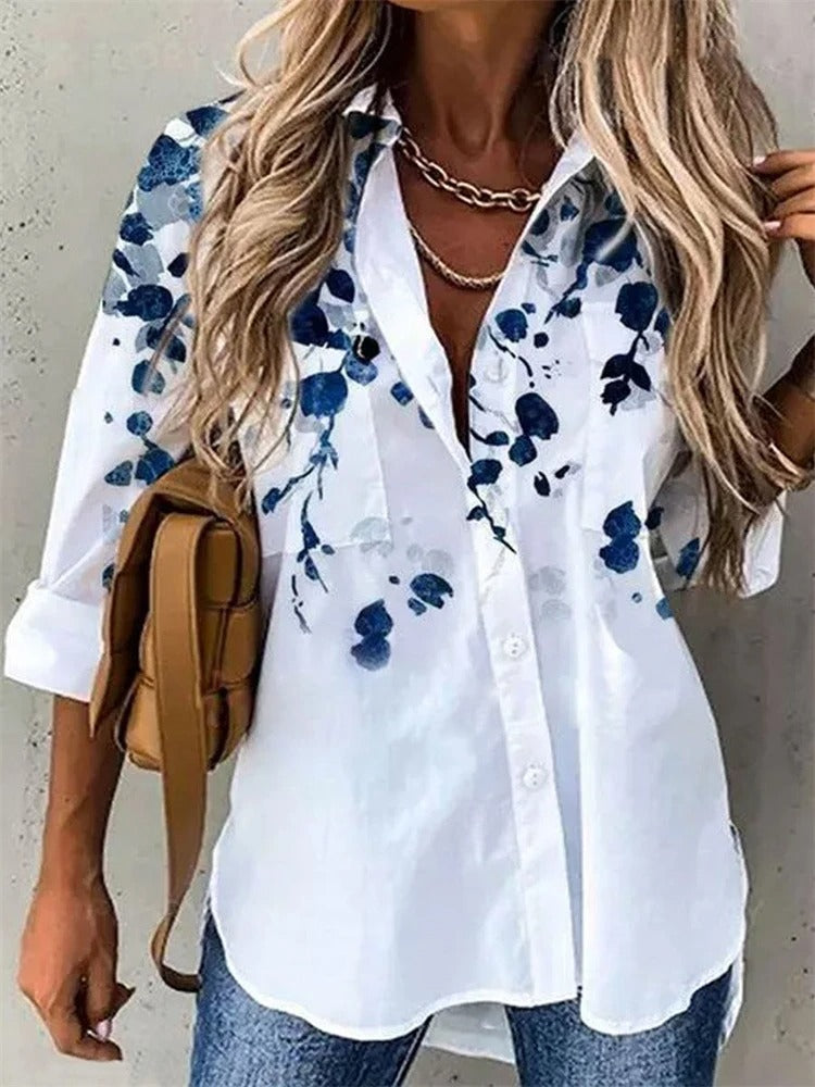 White Shirt with Navy Blue Flower Print