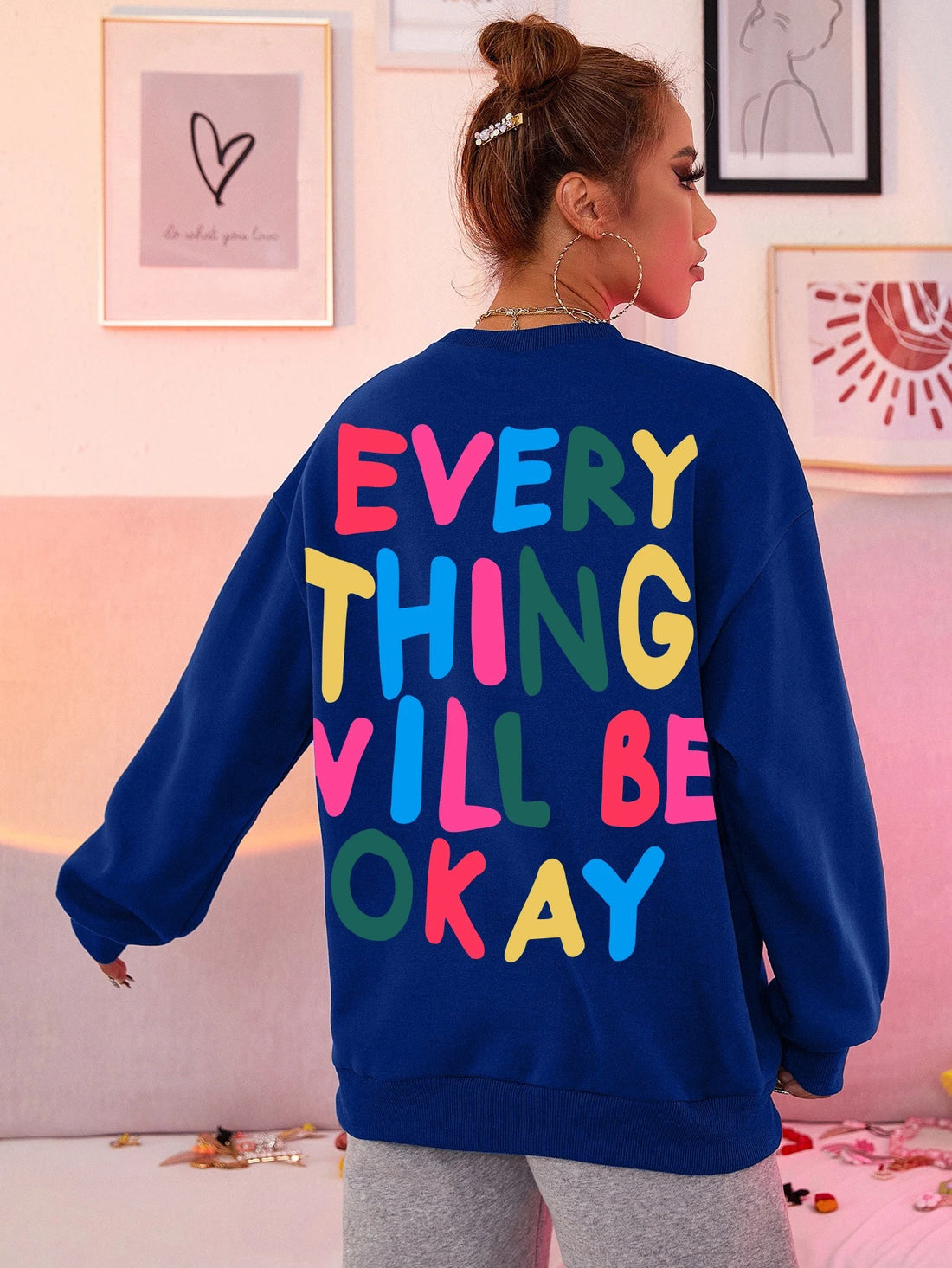 Niebieska Bluza Oversize Everything Will Be Okay