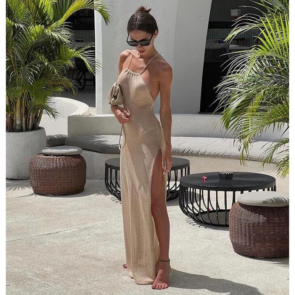 Beige Openwork Maxi Beach Dress with Slit