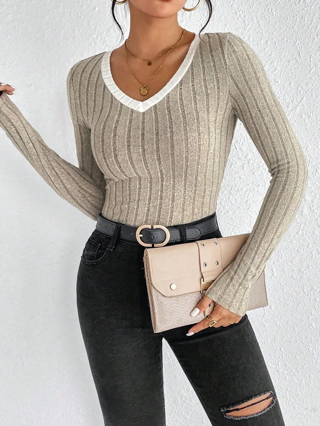 Khaki Fitted V-Neck Knit Top