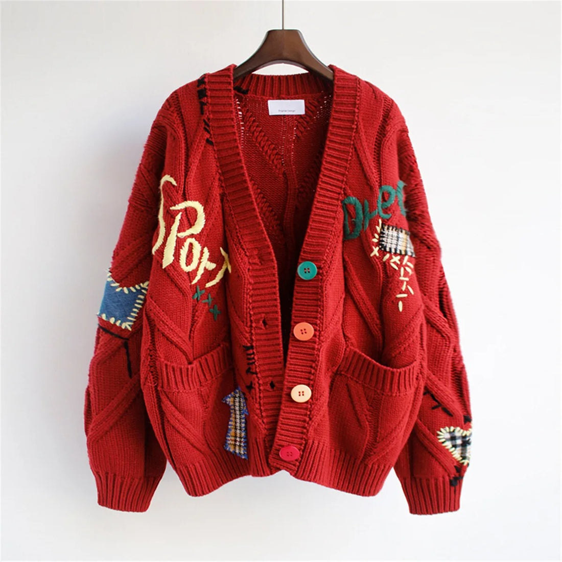 Embroidered Cardigan With Colored Buttons Red