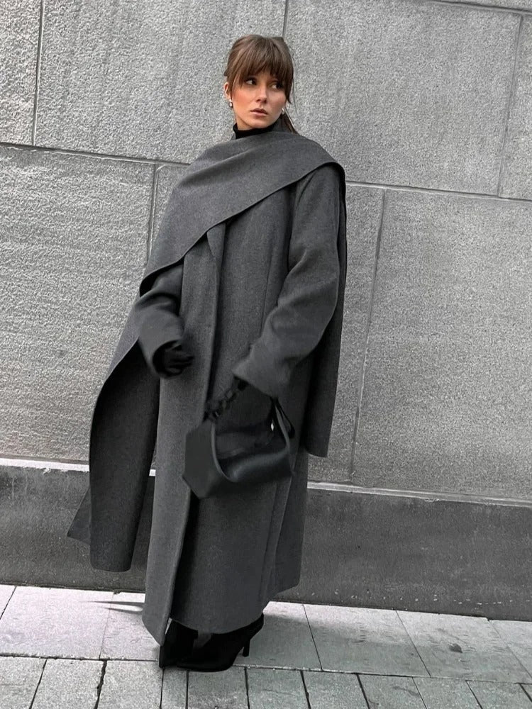 Gray Wool Coat with Scarf