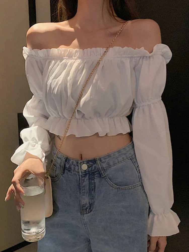 White Puff Sleeve Crop Top