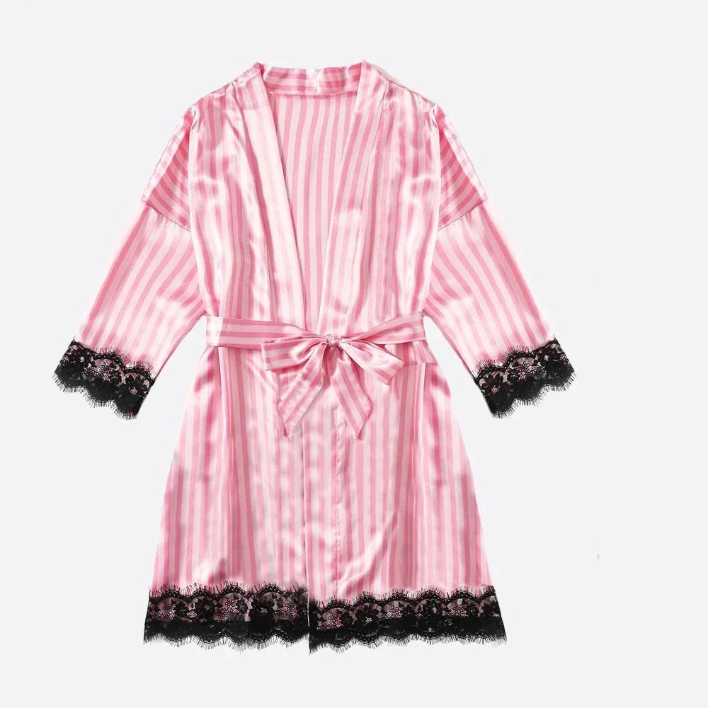 Pink Satin Kimono Robe with Lace Trim and Stripes