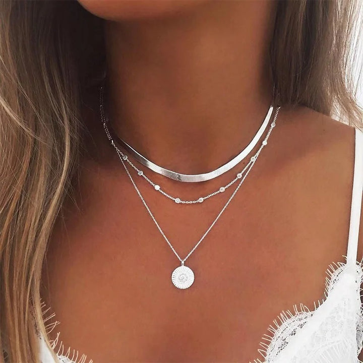 Platinum Three Layer Choker Necklace with Geometric Pendant