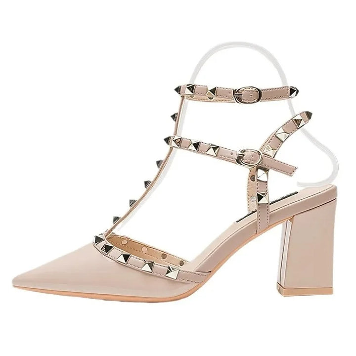 Beige High Heel Shoes with Studs and Pointed Toe