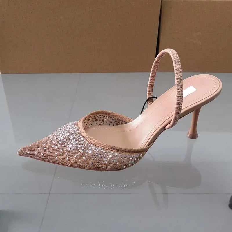 Beige Water Diamond Bright Mesh High Heels Sandals