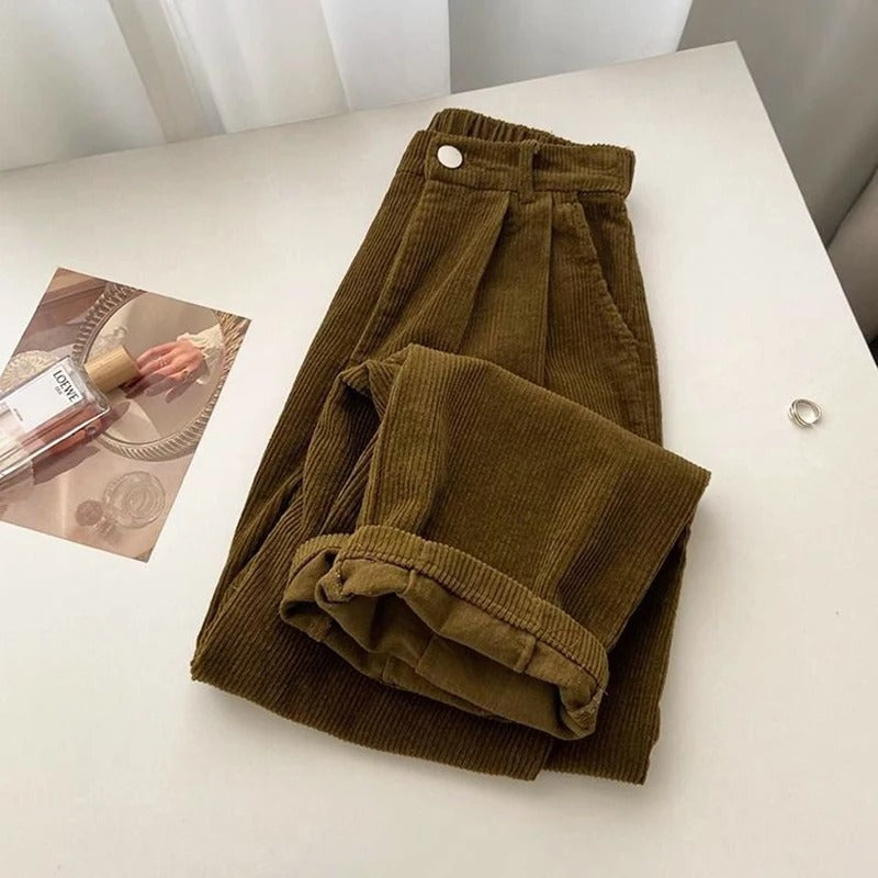 Khaki Retro High Waist Corduroy Trousers