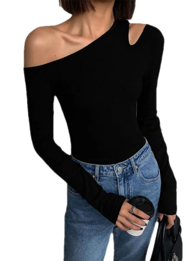 Black Off-Shoulder Long Sleeve Cutout T-Shirt