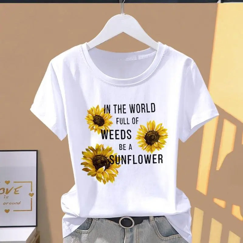 White T-shirt with Sunflower Print