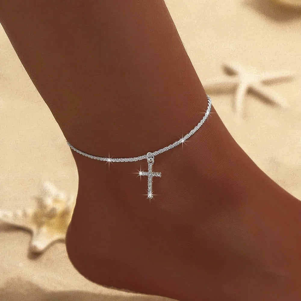 Silver Ankle Bracelet with Crystal