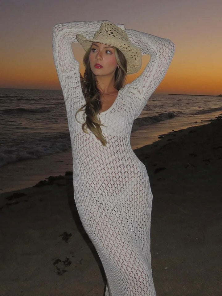 White Openwork V-Neck Maxi Beach Dress