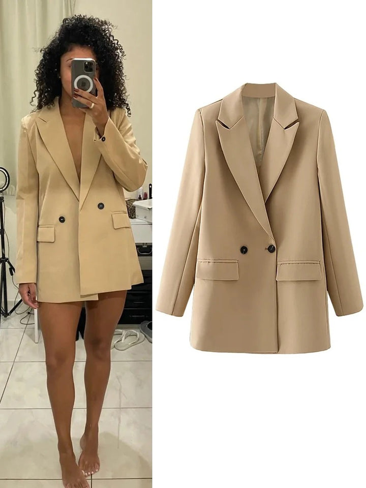 Khaki Dwurzędowy Elegancki Blazer