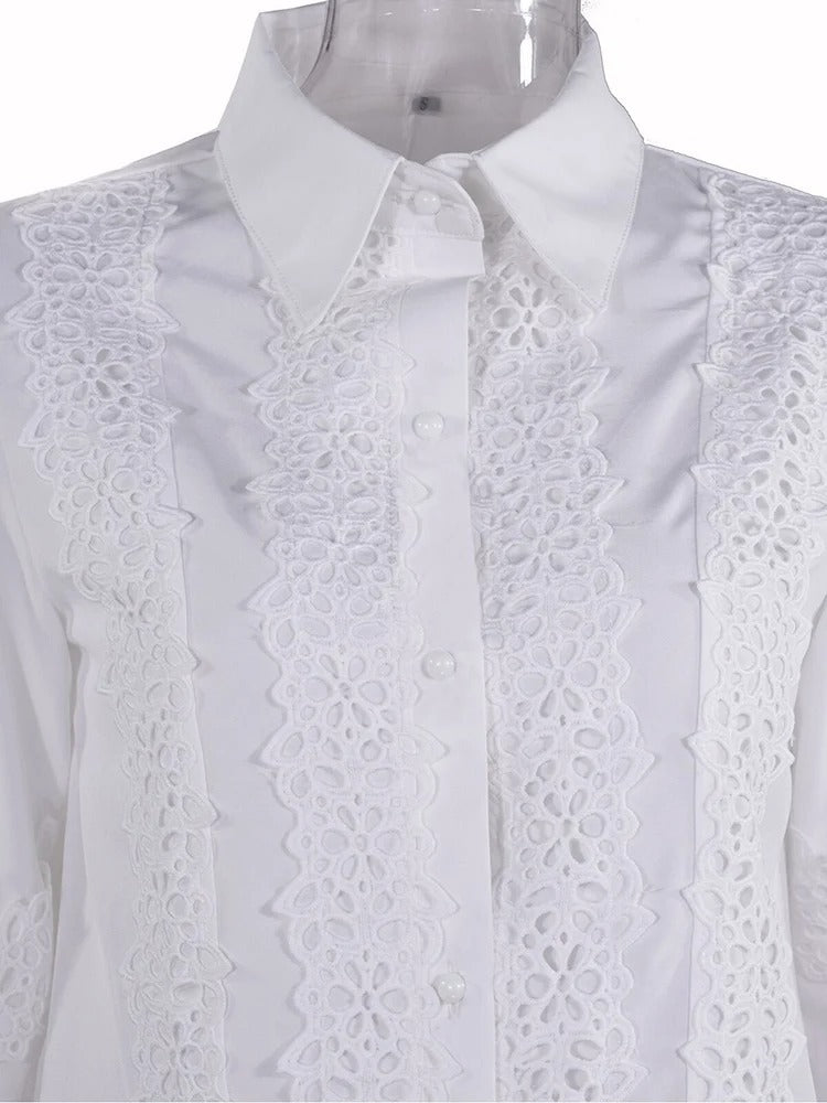 White Lace Long Sleeve Turn-Down Neck Shirt