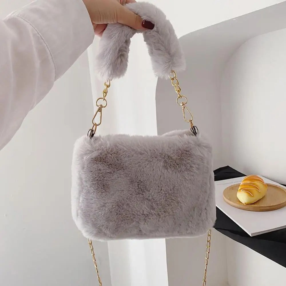 Light Gray Faux Fur Bag with Gold Chain