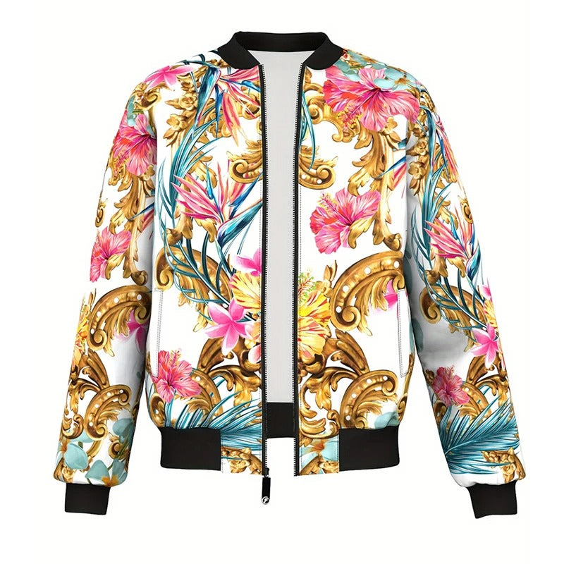 White Baroque Floral Bomber Jacket