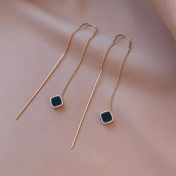 Gold Long Earrings with Black Accent